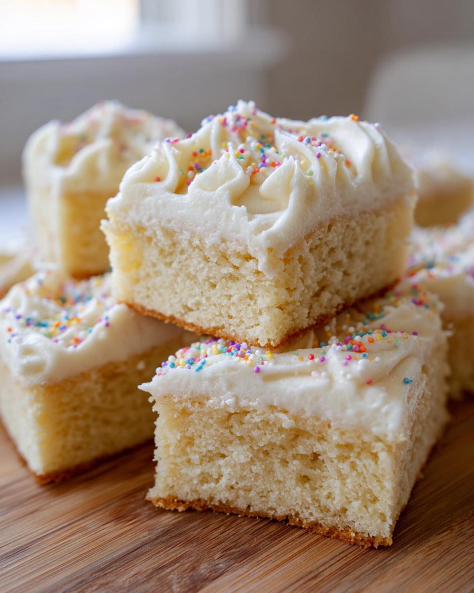 Close-up of stacked, thick sugar cookie bars topped with white frosting and colorful sprinkles.
