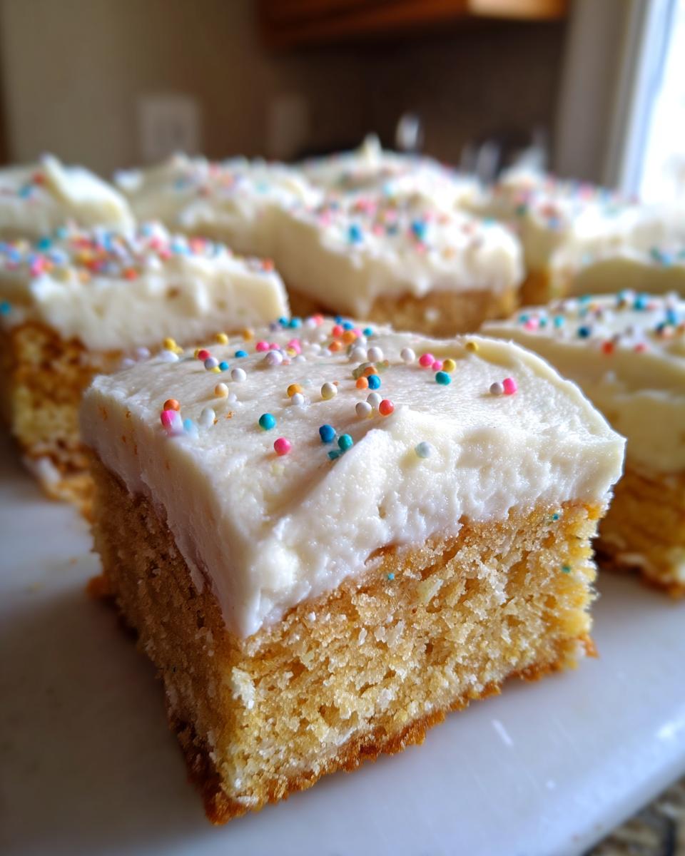 A thick, square slice of golden sugar cookie bars topped with creamy white frosting and colorful sprinkles.