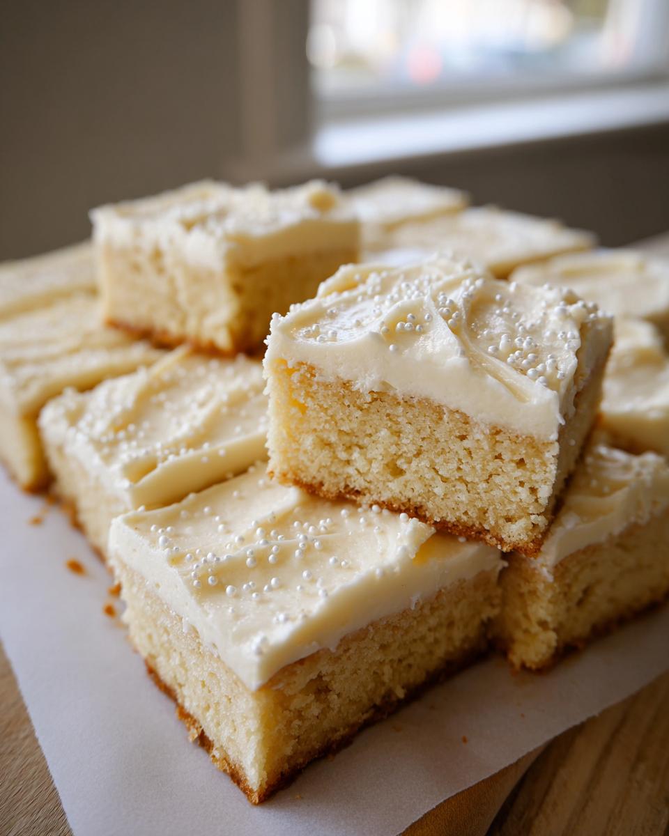 A stack of freshly cut sugar cookie bars topped with thick white frosting and white pearl sprinkles.