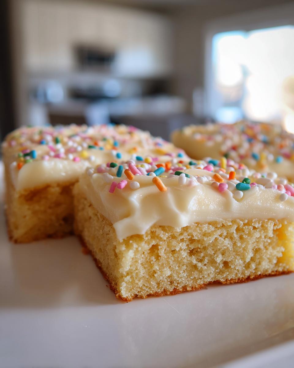 Close-up of thick, moist sugar cookie bars topped with vanilla frosting and colorful sprinkles.