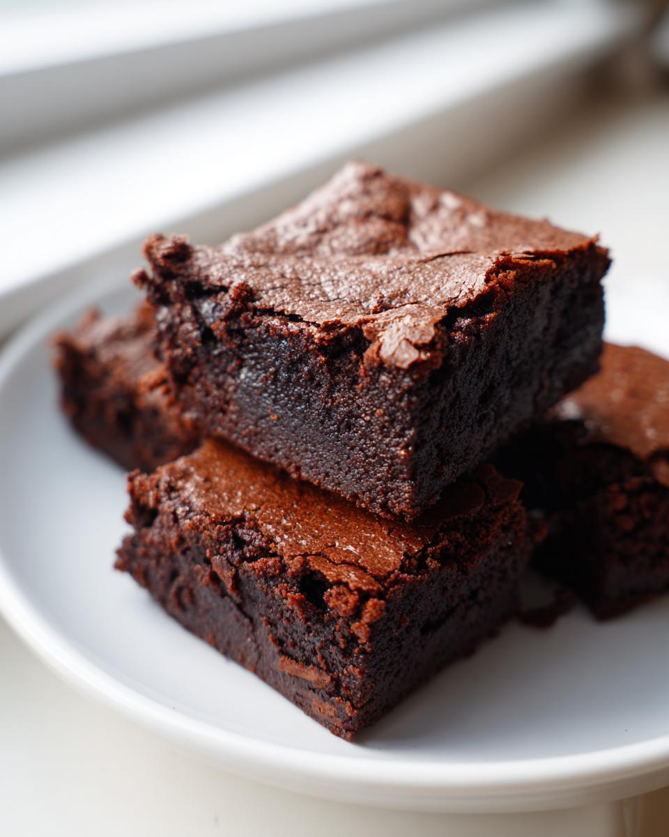 Close-up of stacked, fudgy date brownies with shiny, cracked tops served on a white plate.