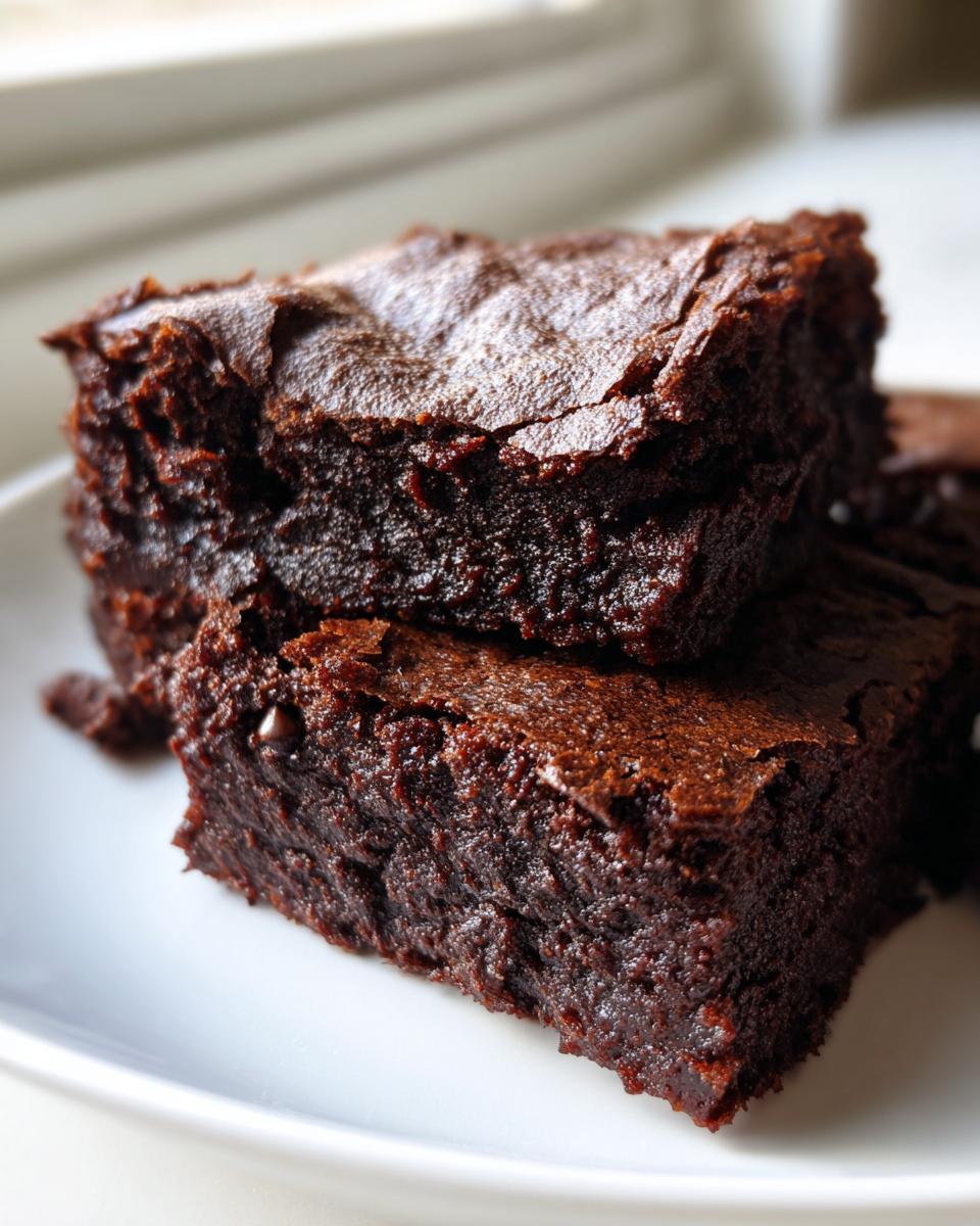Close-up of two rich, fudgy date brownies stacked on a white plate, showing their cracked, shiny tops.