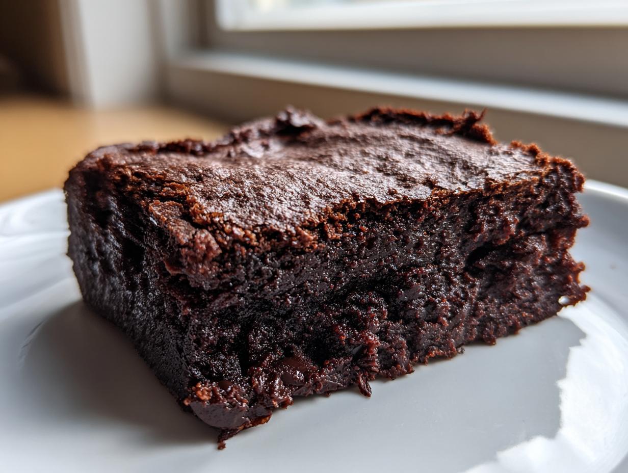 Close-up of a rich, dark, and fudgy slice of date brownies resting on a white plate.