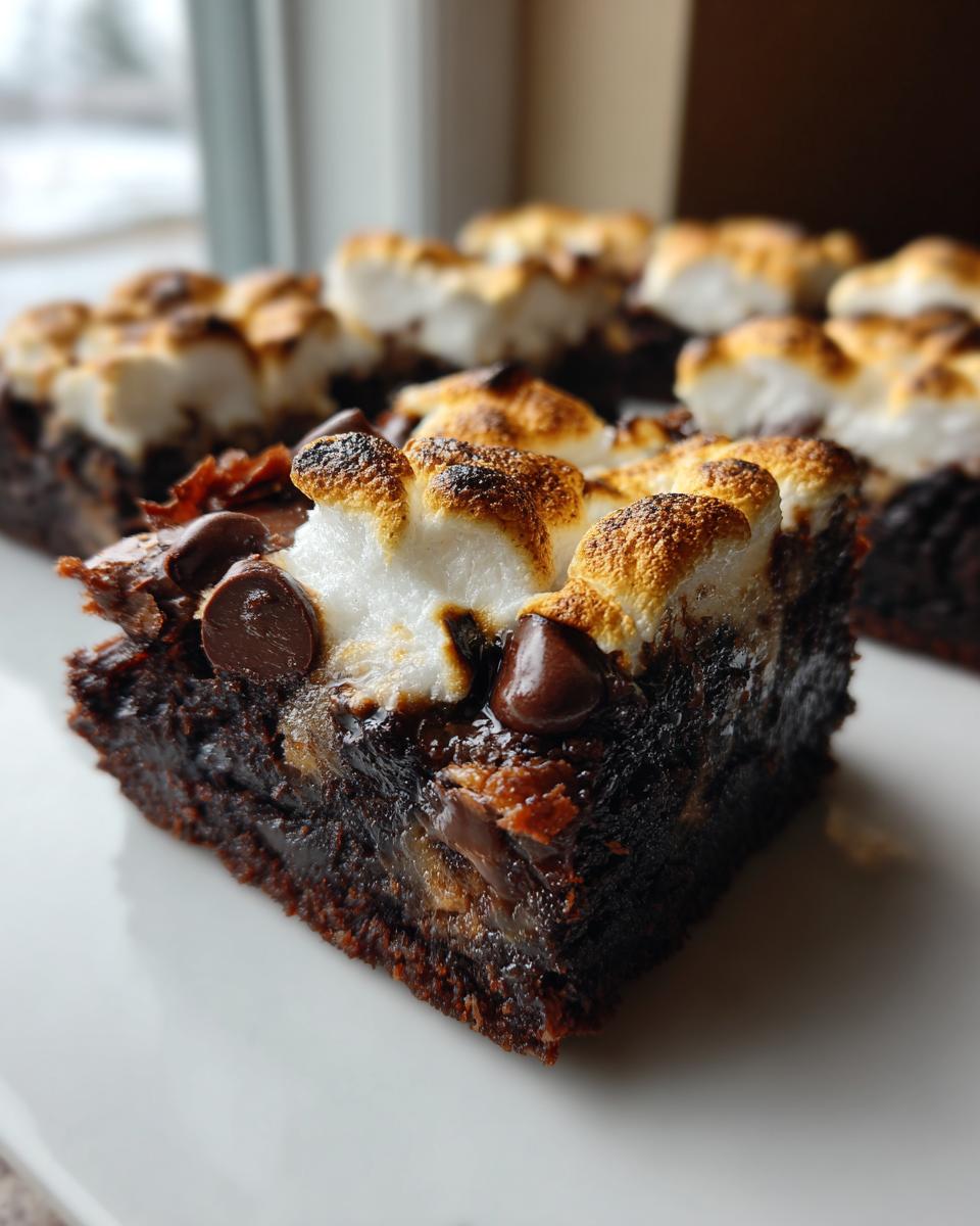 Close-up of a fudgy hot chocolate brownie topped with toasted marshmallows and chocolate chips.