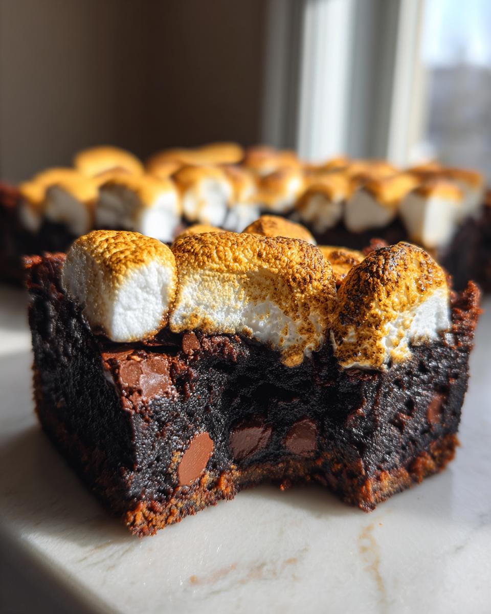 Close-up of a fudgy hot chocolate brownie square topped with toasted marshmallows and visible chocolate chips.