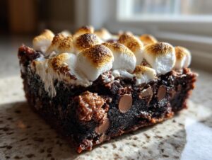 Close-up of a fudgy hot chocolate brownie topped with perfectly toasted marshmallows and visible chocolate chips.