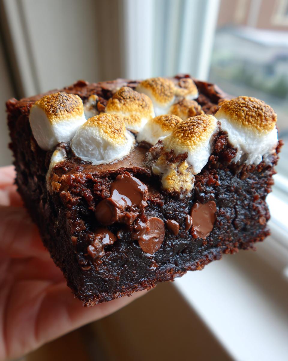 Close-up of a fudgy hot chocolate brownie square topped with melted chocolate chips and toasted marshmallows.