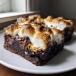 Close-up of a fudgy hot chocolate brownie slice topped with perfectly toasted marshmallows and visible chocolate chunks.