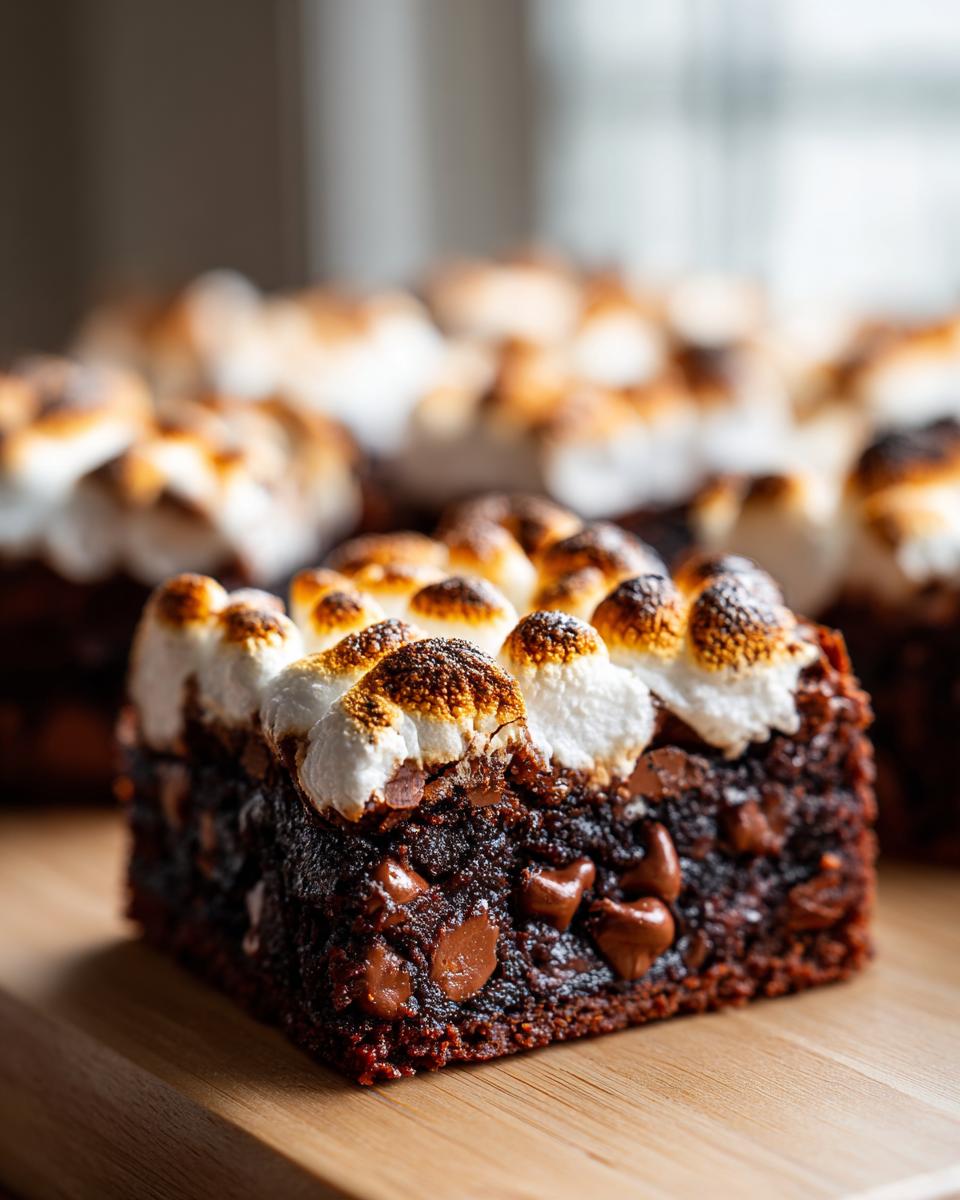 Close-up of a fudgy hot chocolate brownie square topped with perfectly toasted marshmallows.