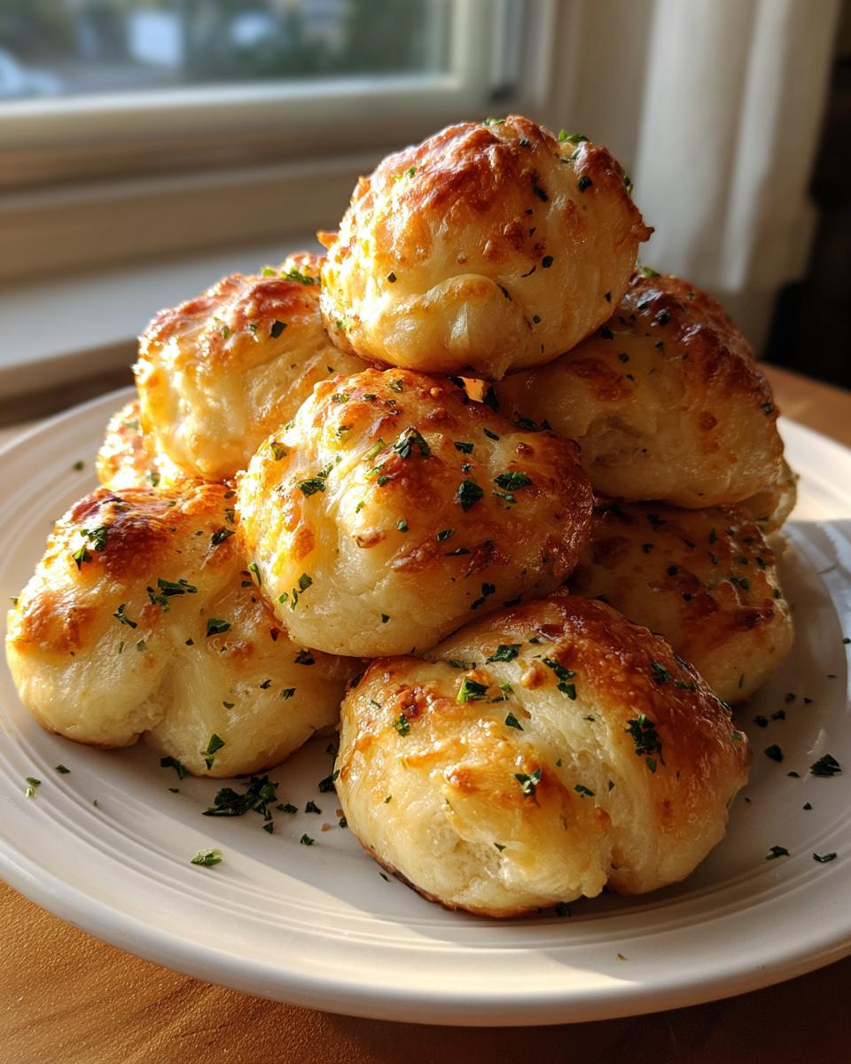A stack of golden brown, freshly baked garlic parmesan knots sprinkled with parsley on a white plate.