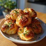 A stack of golden brown, freshly baked garlic parmesan knots topped with melted cheese and fresh parsley.