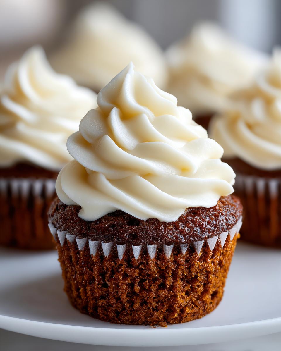 A close-up of a single, moist gingerbread cupcakes topped with a swirl of white cream cheese frosting.