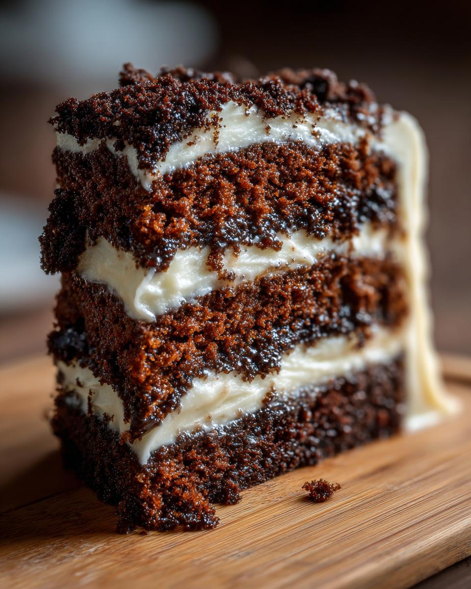 Close-up of a moist, dark slice of gingerbread latte cake with thick layers of white frosting.