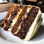 Close-up of a thick slice of gingerbread latte cake showing dark, moist layers and rich white cream cheese frosting.