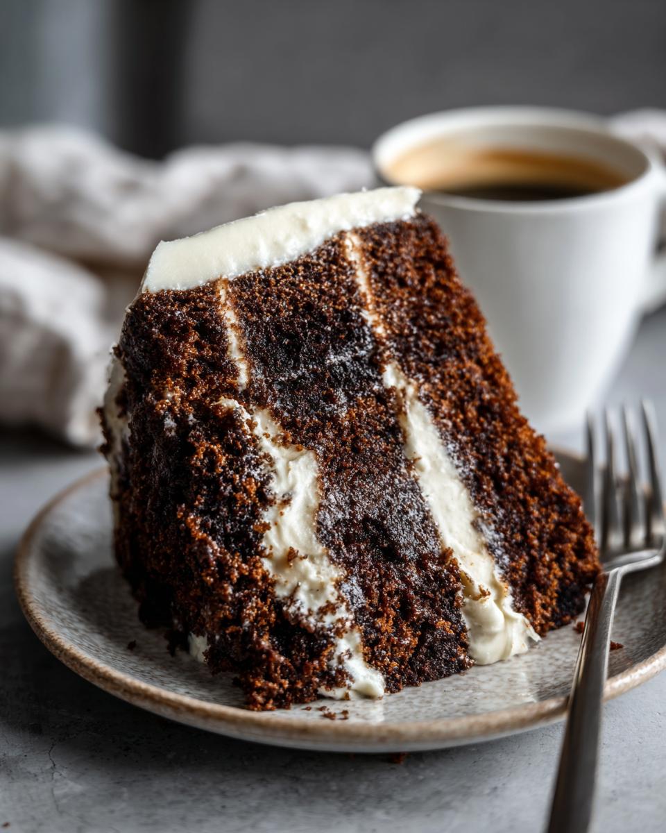A rich slice of gingerbread latte cake layered with white frosting, served next to a cup of coffee.