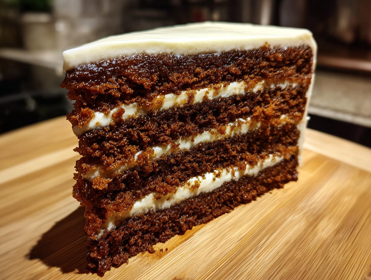 Close-up of a moist, dark brown slice of gingerbread latte cake with four layers and white cream cheese frosting.