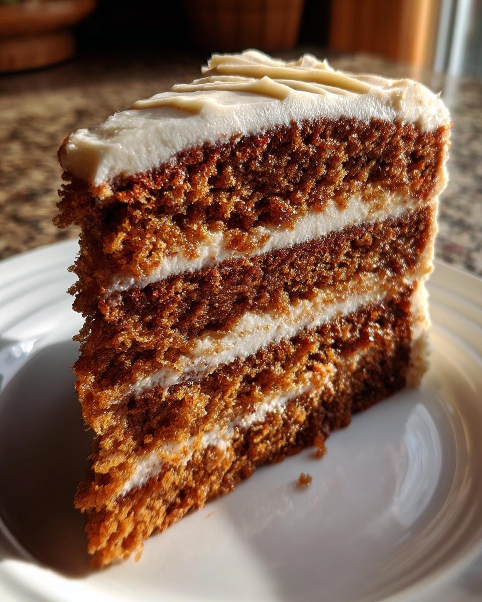 A tall, moist slice of gingerbread latte cake with three layers of dark cake and white frosting.