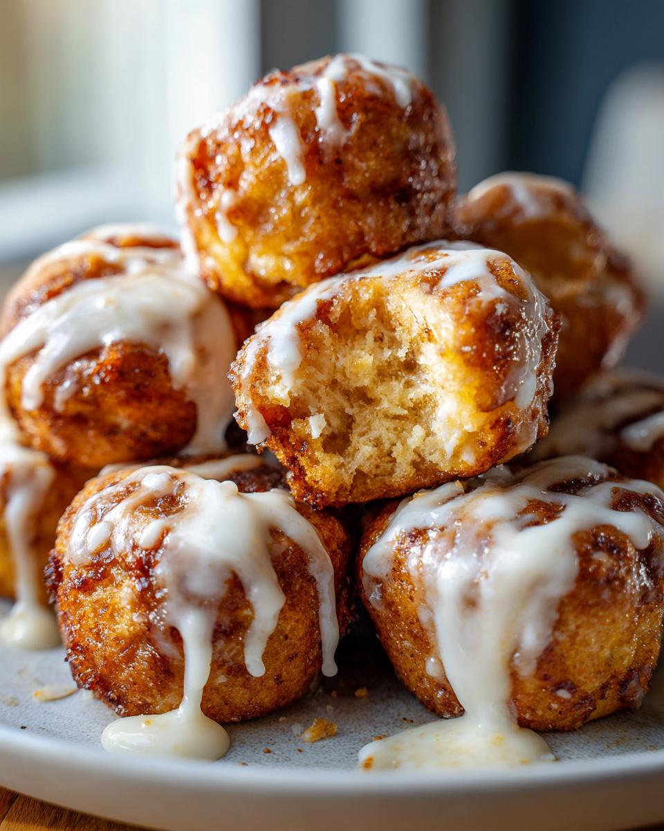 A close-up stack of golden brown cinnamon roll bites drizzled heavily with white icing.