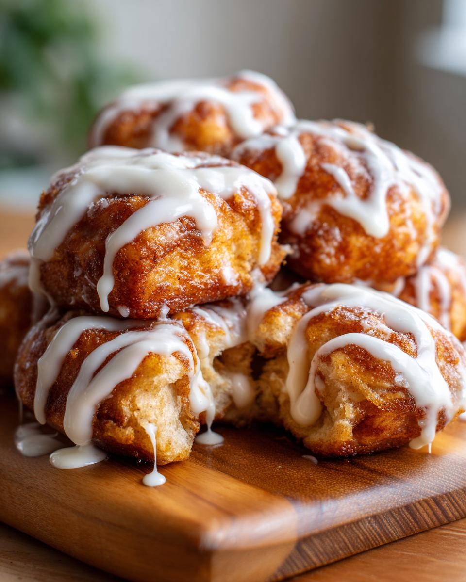 A stack of golden brown cinnamon roll bites drizzled generously with white icing.