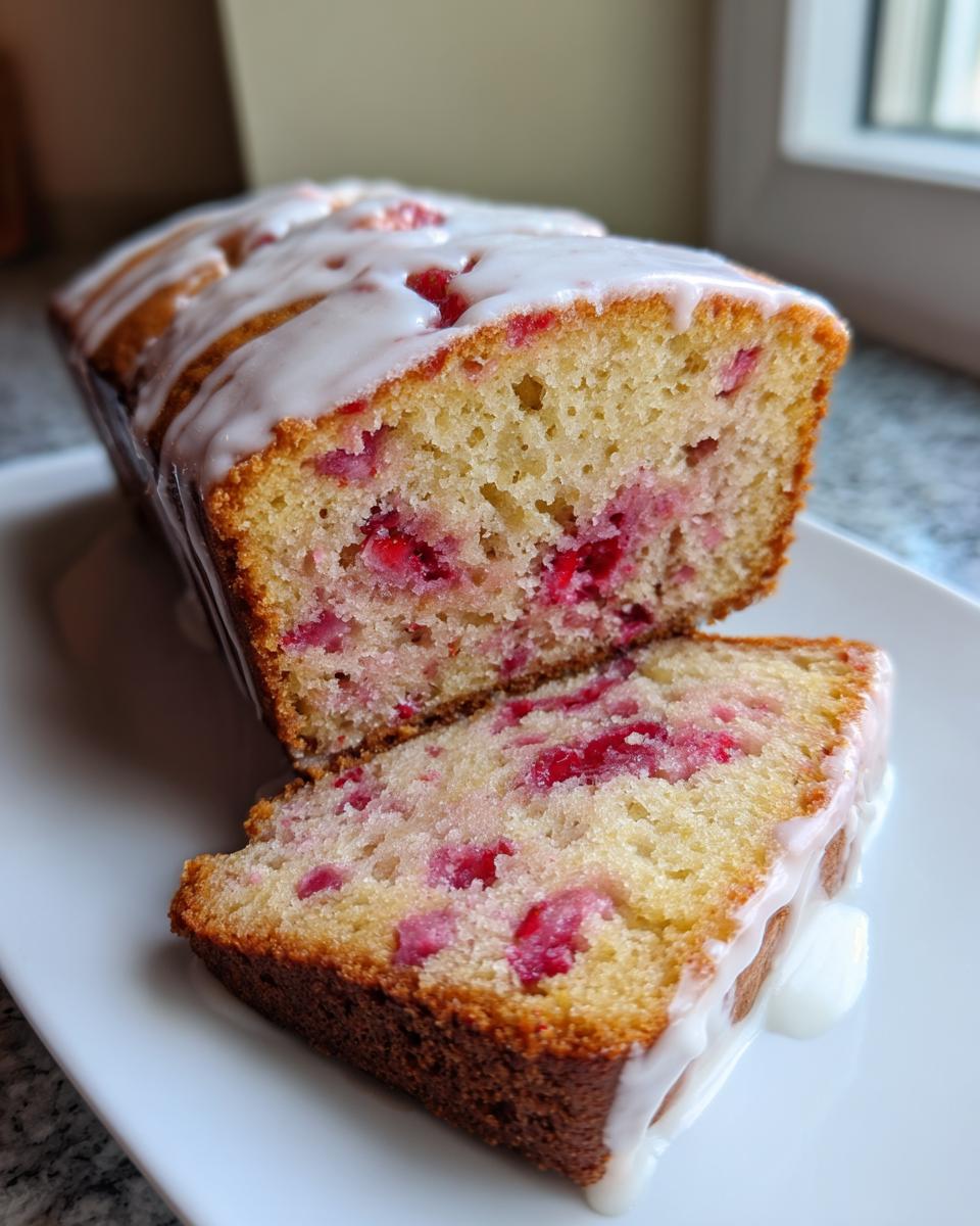 A loaf of moist strawberry bread, partially sliced, topped with a thick white glaze.