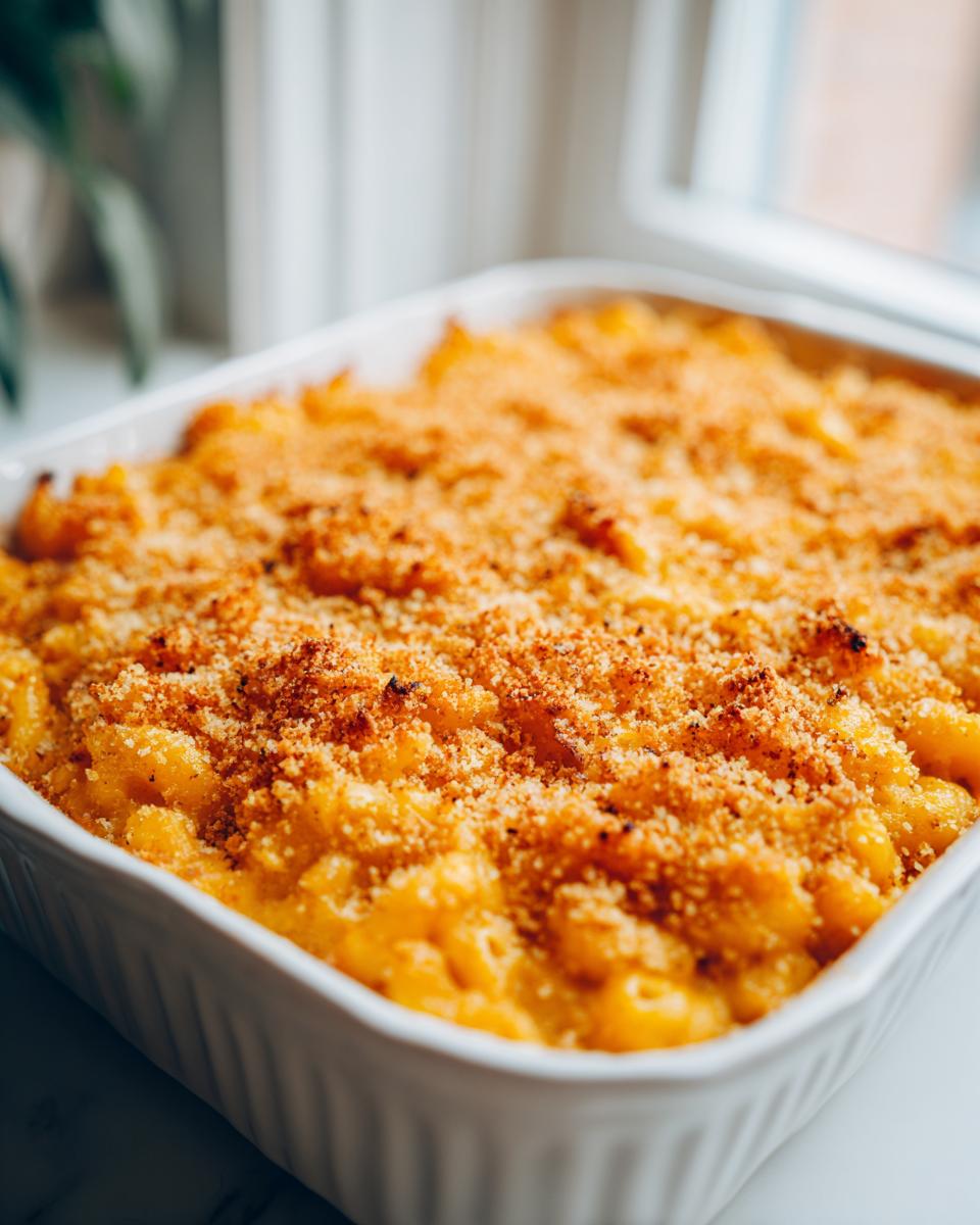 Close-up of a creamy, golden baked mac and cheese recipe topped with crispy breadcrumbs in a white baking dish.