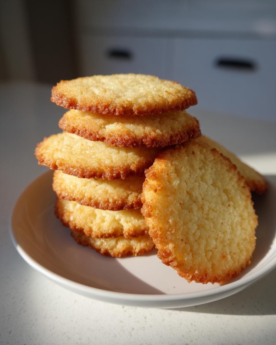 A stack of five golden-brown, slightly crisp 110-calorie butter cookies piled on a small white plate.