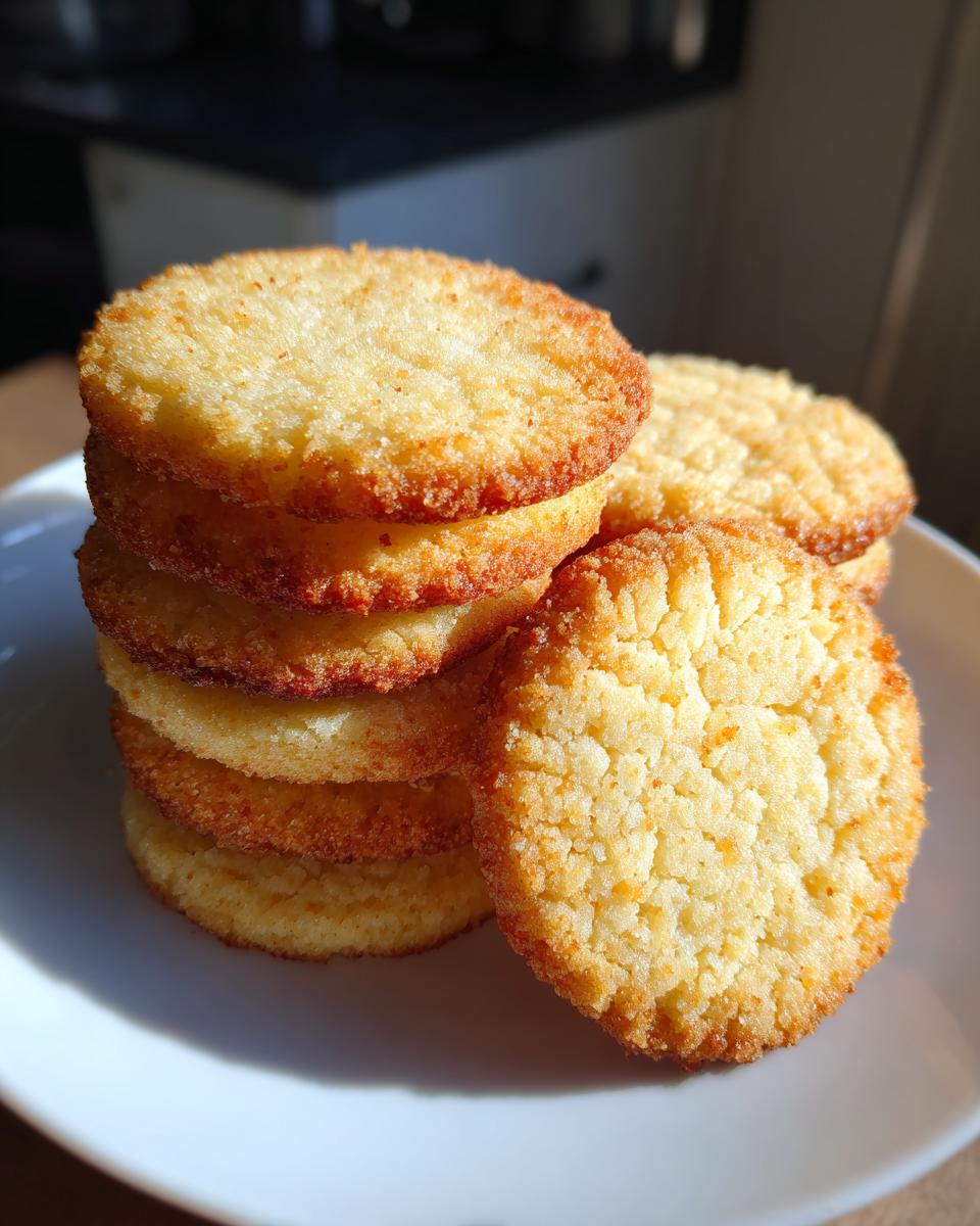A stack of golden brown, slightly textured butter cookies resting on a white plate.