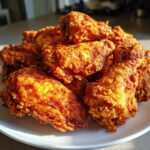 A close-up, appetizing photo of a pile of perfectly golden and crispy fried chicken wings on a white plate.