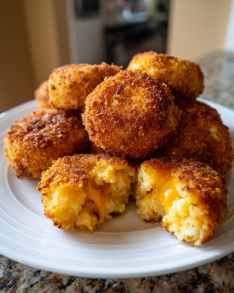 A stack of golden brown, crispy mashed potato cakes, one broken open revealing a melted cheese center.