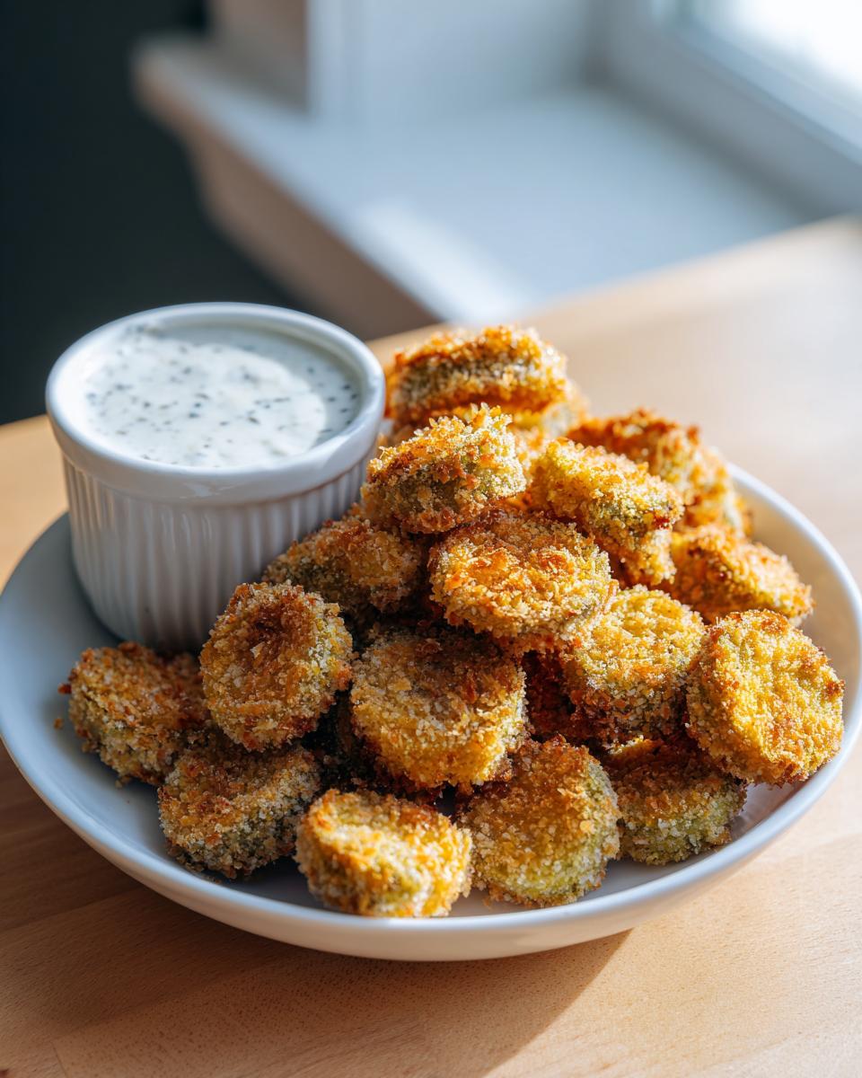 A white bowl piled high with crispy, golden brown Fried Pickles next to a small ramekin of creamy dipping sauce.