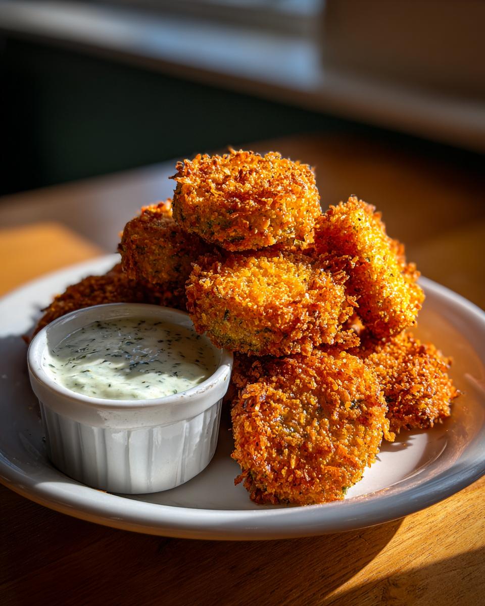A stack of crispy, golden brown Fried Pickles served on a white plate next to a small ramekin of creamy dill dipping sauce.
