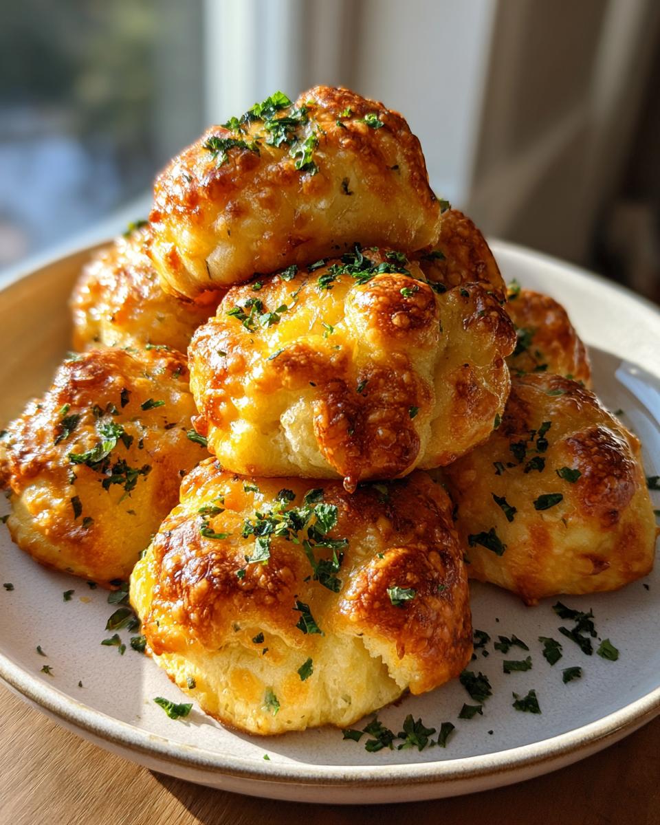 A stack of golden brown, cheesy garlic parmesan knots topped with fresh chopped parsley, served on a light-colored plate.