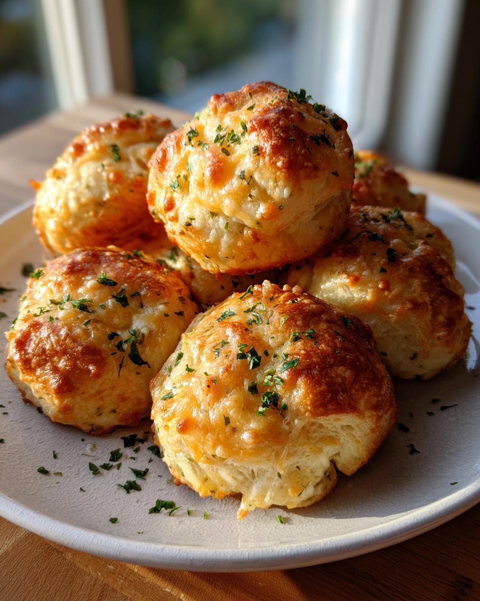 A stack of freshly baked, golden-brown garlic parmesan knots topped with melted cheese and chopped parsley.