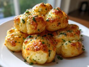 A close-up of freshly baked, golden brown garlic parmesan knots piled high and sprinkled with chopped parsley.