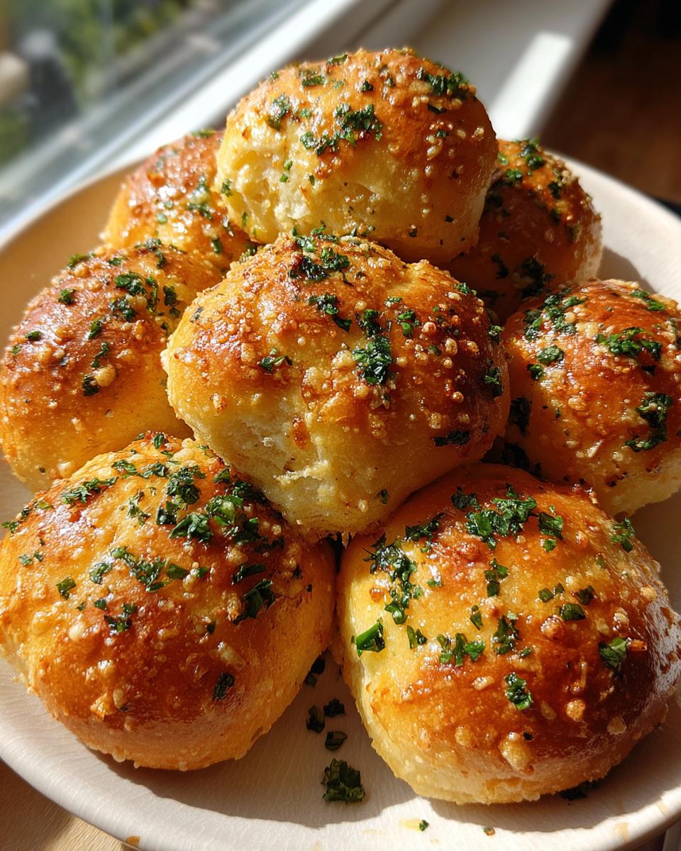 A pile of freshly baked, golden brown garlic parmesan knots sprinkled with grated cheese and fresh parsley.