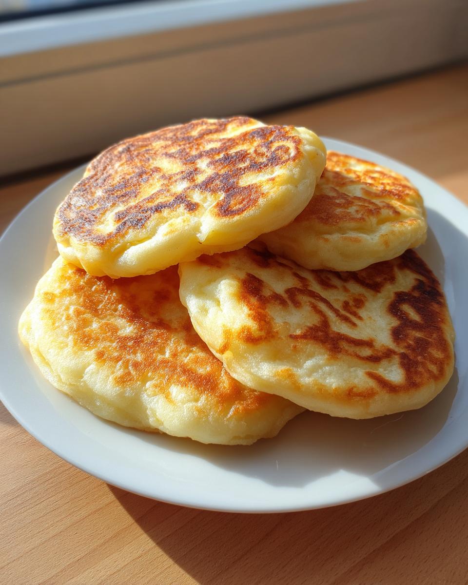 Four golden brown, pan-fried irish potato farls stacked on a white plate in bright sunlight.