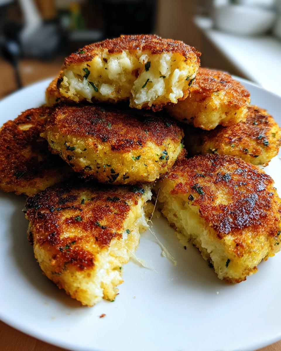 A stack of golden brown mashed potato cakes, one broken open showing melted cheese stretching between the halves.