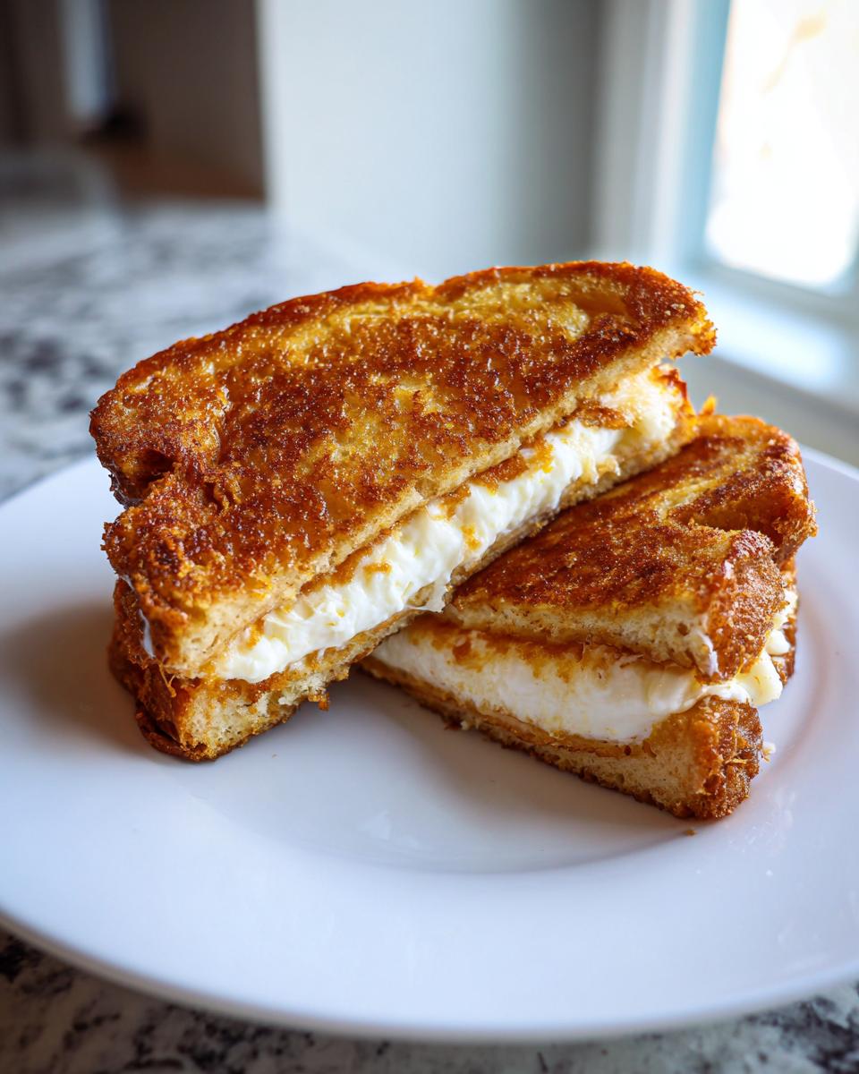 Two halves of golden brown stuffed french toast filled with thick, creamy white filling, stacked on a white plate.
