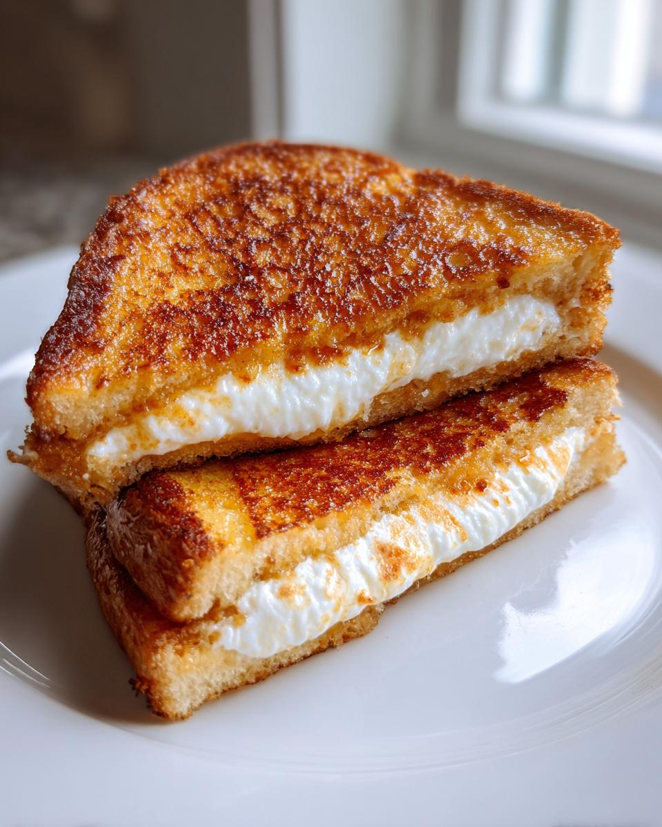 Two halves of golden brown stuffed french toast stacked on a white plate, showing a thick, creamy white filling.
