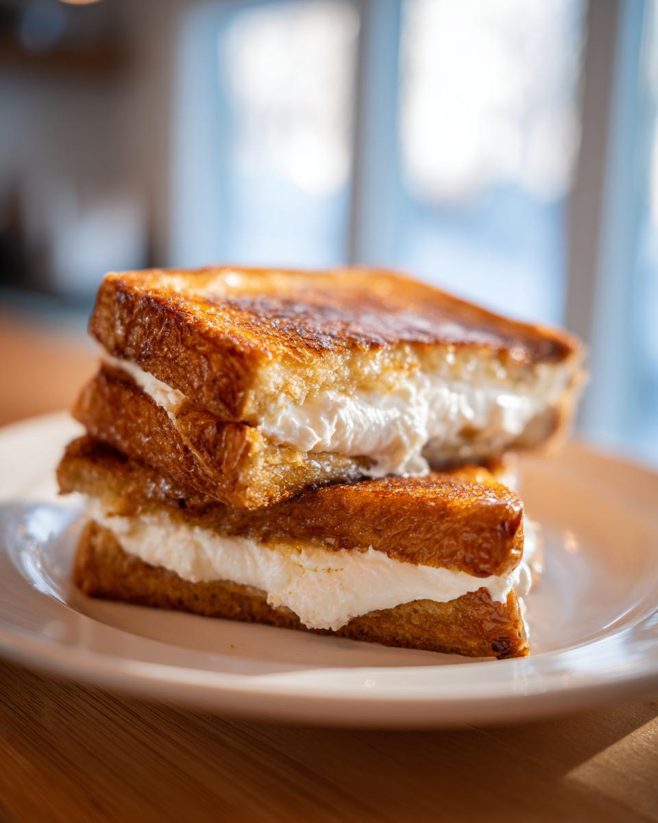 Two halves of golden brown stuffed french toast stacked on a white plate, showing a thick layer of white cream filling.