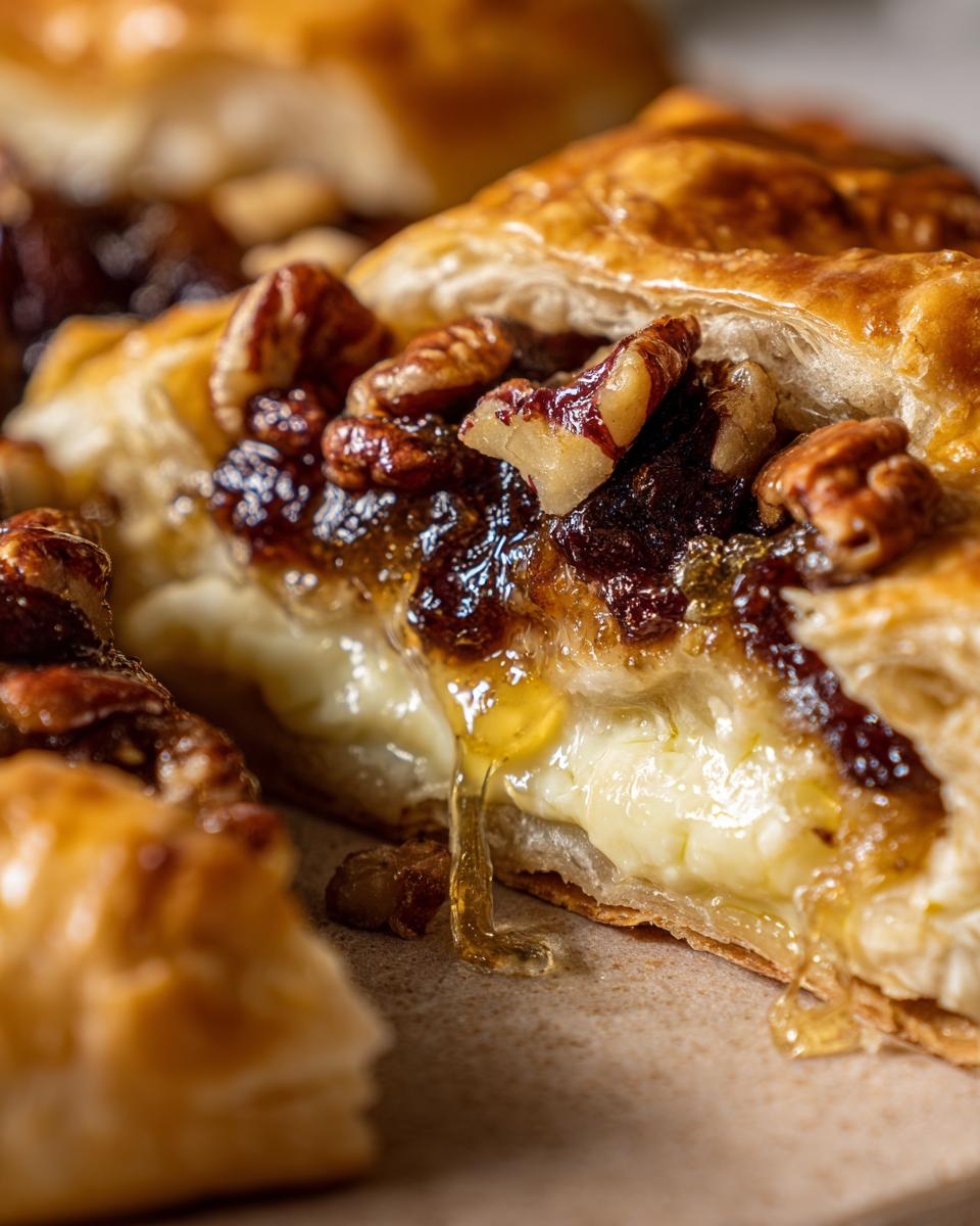 Close-up of a cross-section of baked brie wrapped in puff pastry, oozing melted cheese and drizzled with honey.
