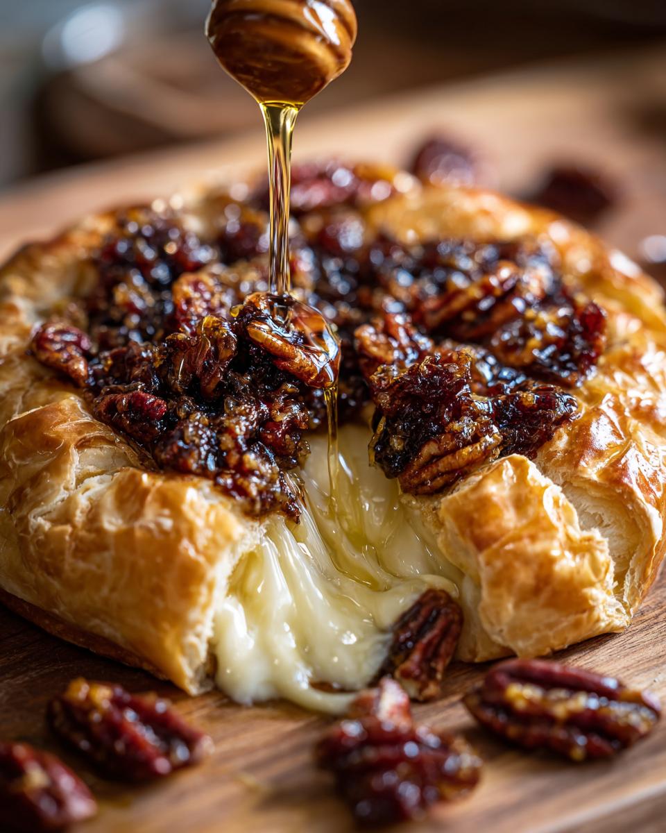 Close-up of warm baked brie oozing out of puff pastry, topped with candied pecans as honey is drizzled on top.