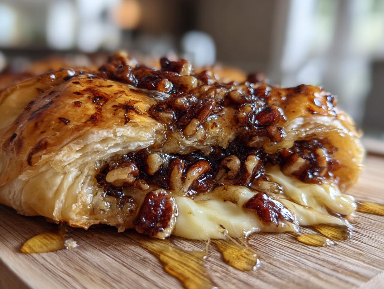 Close-up of warm baked brie wrapped in flaky pastry, oozing with melted cheese and topped with caramelized pecans.
