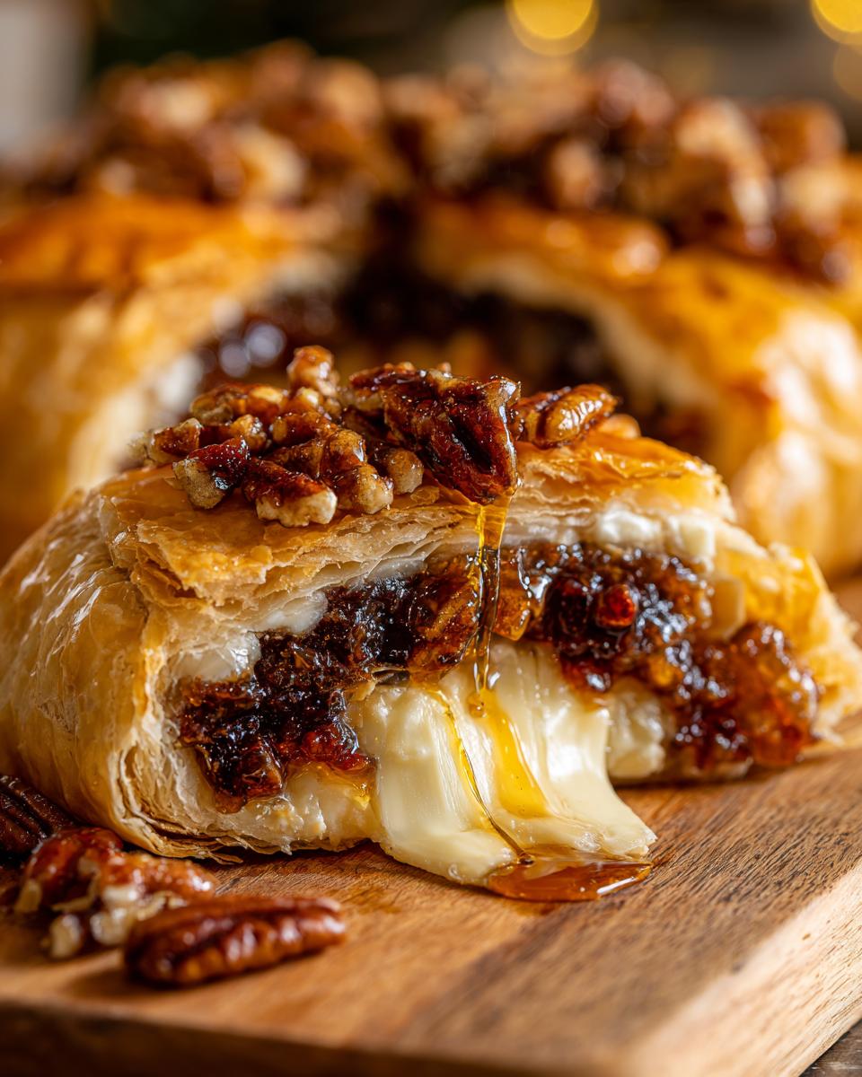 Close-up of a slice of baked brie wrapped in pastry, oozing melted cheese and topped with pecans and honey.