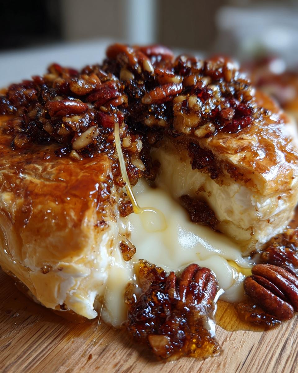 Close-up of warm baked brie oozing out, topped with caramelized pecans and honey.