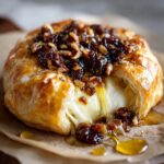 Close-up of warm baked brie wrapped in flaky pastry, oozing melted cheese and topped with nuts and preserves.