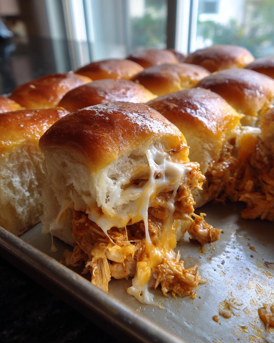 Close-up of gooey, cheesy buffalo chicken sliders baked together on a sheet pan, showing melted cheese pull.