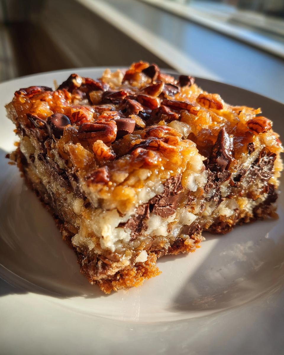 A close-up, sunlit view of a gooey slice of magic cookie bars topped with pecans and chocolate chips.