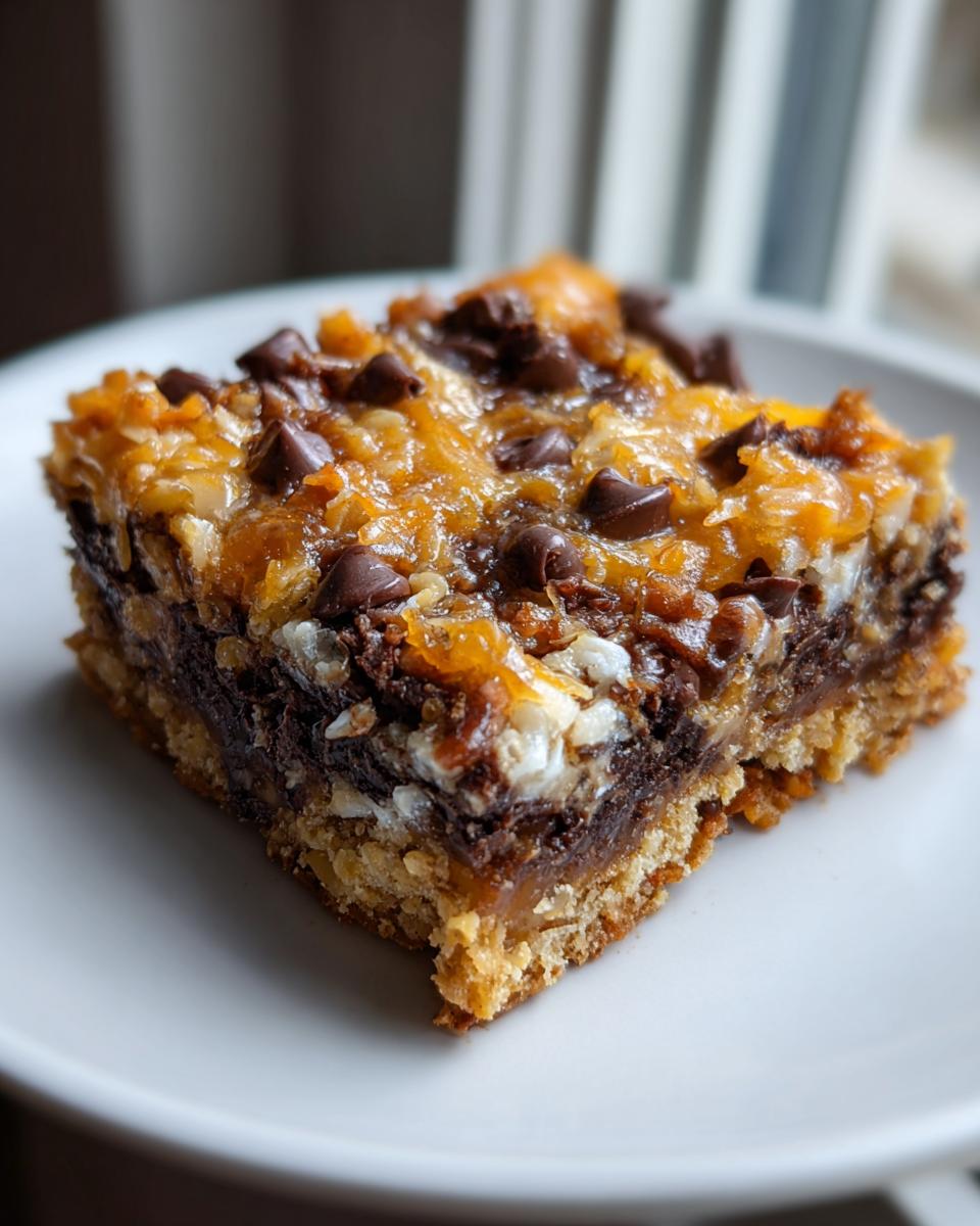 Close-up of a single, gooey slice of magic cookie bars showing layers of crust, chocolate chips, and coconut topping.