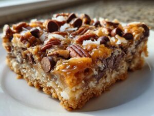A close-up of a rich, gooey slice of magic cookie bars topped with pecans, chocolate chips, and coconut.